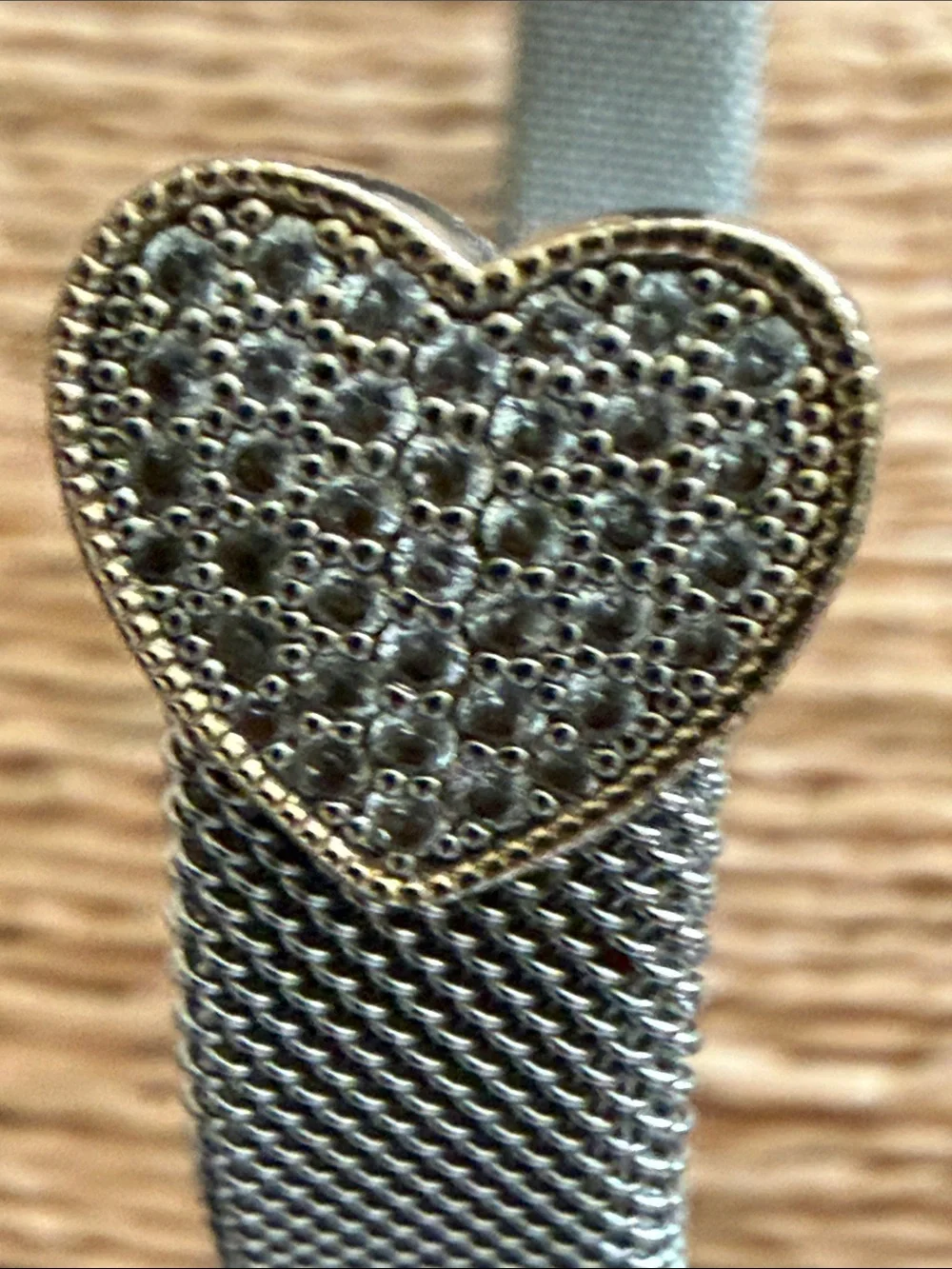 Bracelet two hearts with pave crystals silver mesh finish cuff style